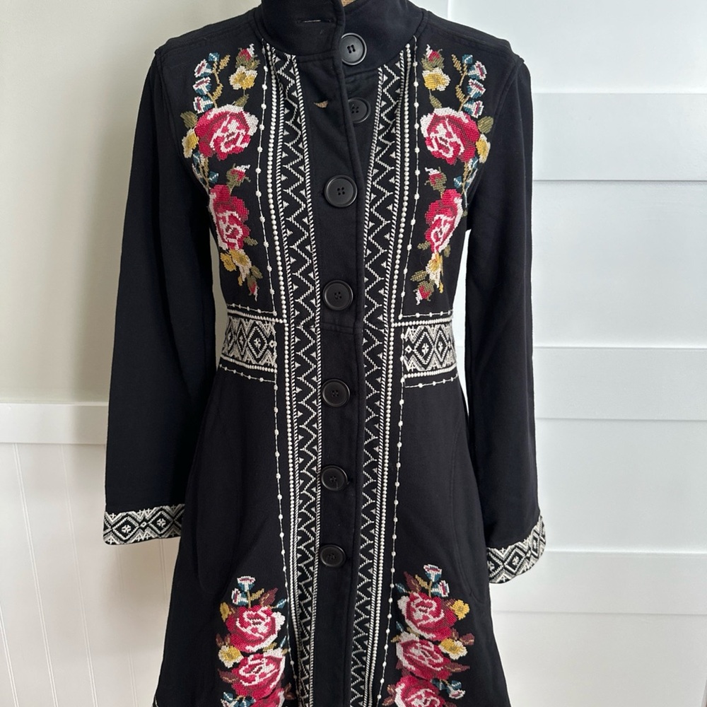 Johnny Was Size Small Black Joy Cross-Stitch Embroidered Cotton Military Coat